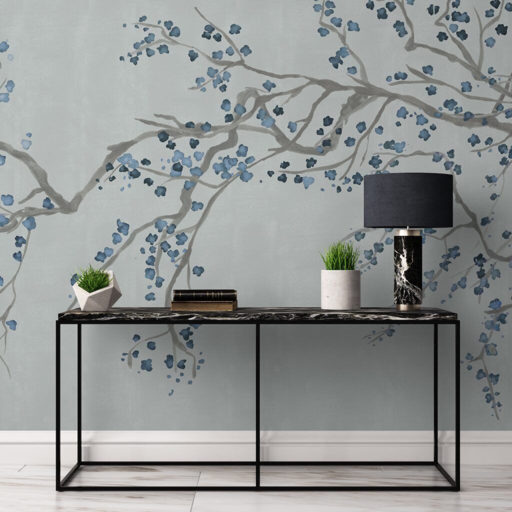 Mural papel tapiz azul cherry blossom para decoración con acentos profundos 2026