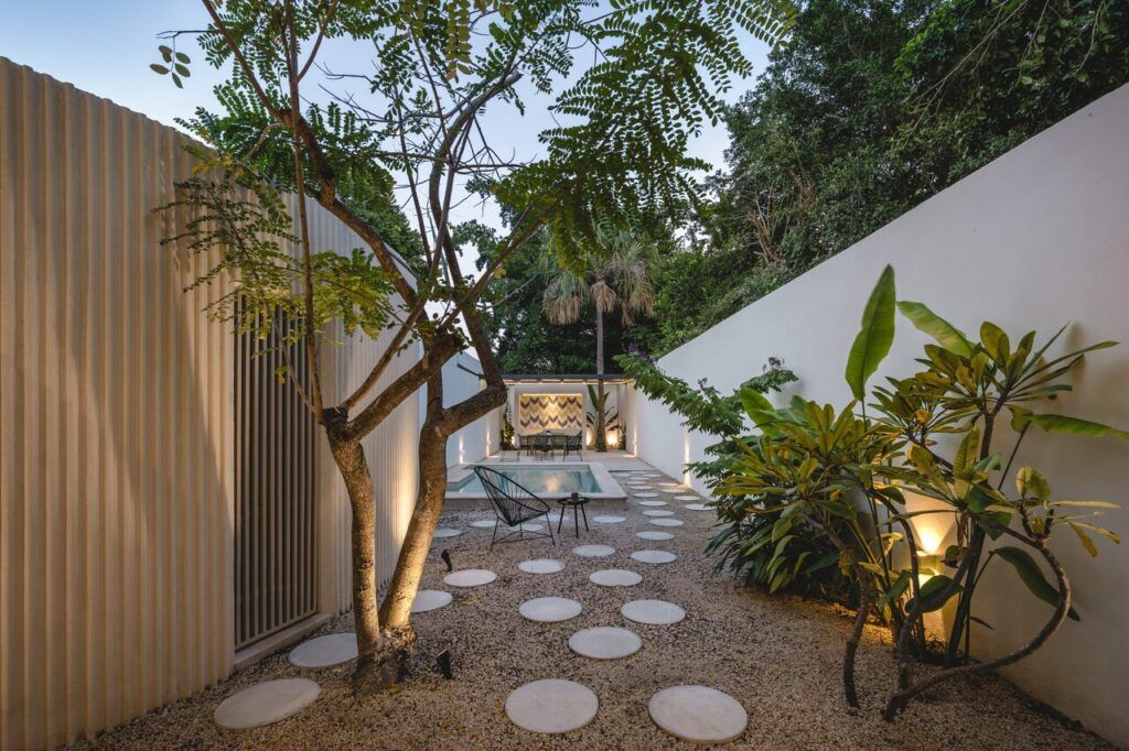 Patio privado de Casa Mikelín con árbol, piso de círculos de concreto e iluminación nocturna