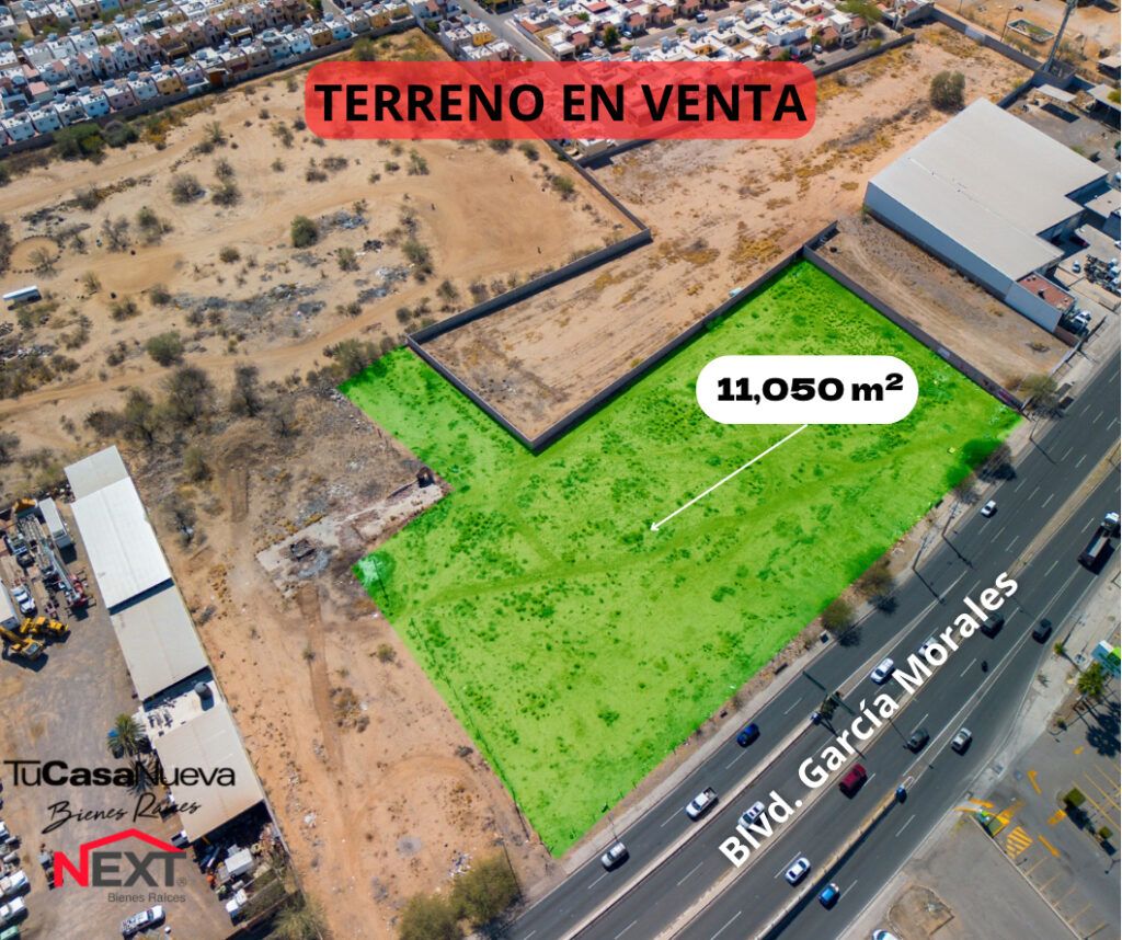 Vista aérea de terreno en Blvd. Garcia Morales casi esquina con Quiroga de 11,050 m2 en Hermosillo
