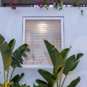 Fachada de Casa Martinica con ventana, bugambilia y vegetación costera