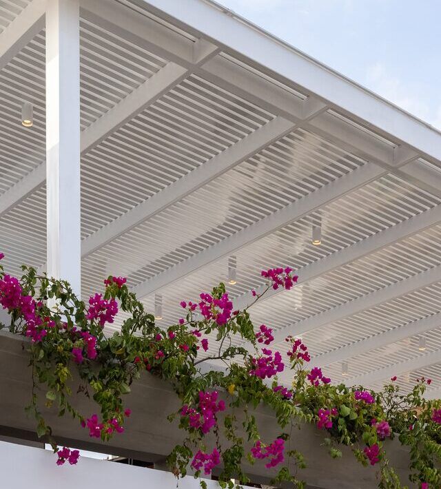 Pérgola blanca de Casa Martinica con bugambilia en flor