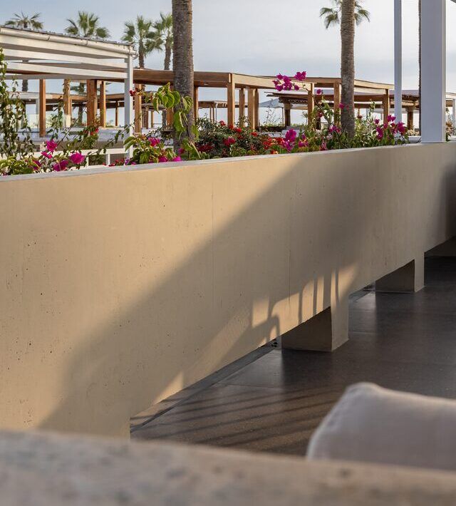 Terraza de Casa Martinica con bugambilia y vista hacia el mar