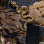 Toallero dorado en forma de serpiente sobre papel tapiz botánico en el baño de visitas de Casa Mineral
